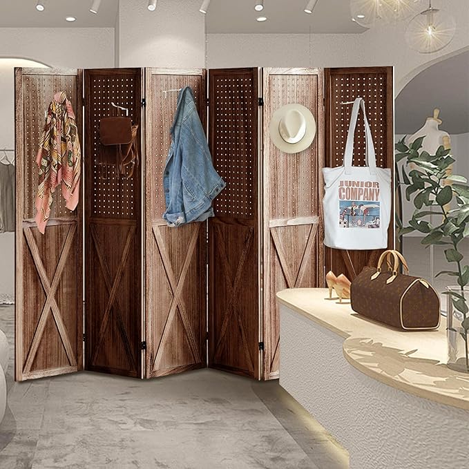 6 Panel Pegboard Room Divider, 5.6Ft Pegboard Display Folding Privacy Screens, Wood Room Divider Peg Board Display Freestanding for Trade Show Craft Show Home Wall Organizer, Brown-CasaMuseHome