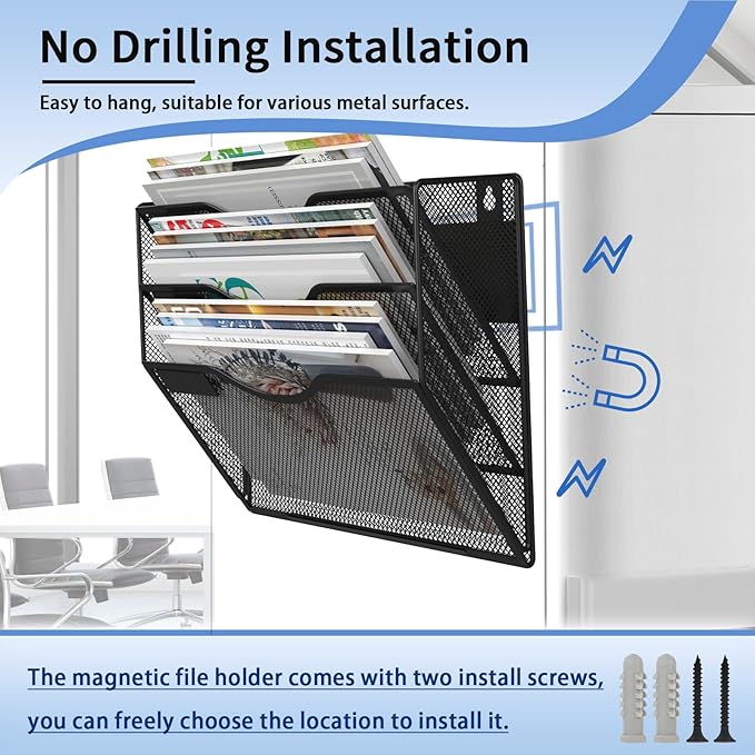 3-Tier Magnetic File Holder, No Drilling Installation File Cabinet Organizer, Black Magnetic File Organizer, Magazine Rack, Magnetic Paper Holder for Refrigerator, File Cabinets, Whiteboard-CasaMuseHome