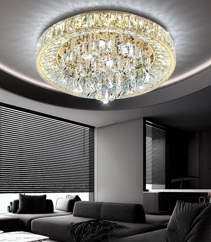 23.6'' Modern Crystal Chandeliers LED Dimmable Flush Mount Ceiling Chandeliers for Living Room Entrance Foyer Bedroom Gold-CasaMuseHome