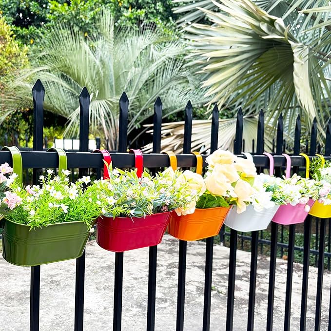 6 Pcs Railing Planter, 10" Metal Hanging Flower Pots for Outdoor Balcony Rails, Fence Pot Hanging Plant Holders with Detachable Hooks for Garden Patio Yard Decor (Multi-Color, 6Pcs)-CasaMuseHome