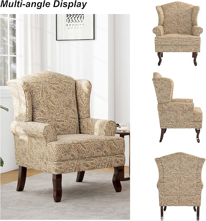 Accent Chair, High Back Upholstered Armchair with High Resilience Sponge & Wood Legs, Mid-Century Modern Comfy Single Sofa Reading Chairs for Living Room, Bedroom (Floral Light Brown, Set of 1)-CasaMuseHome