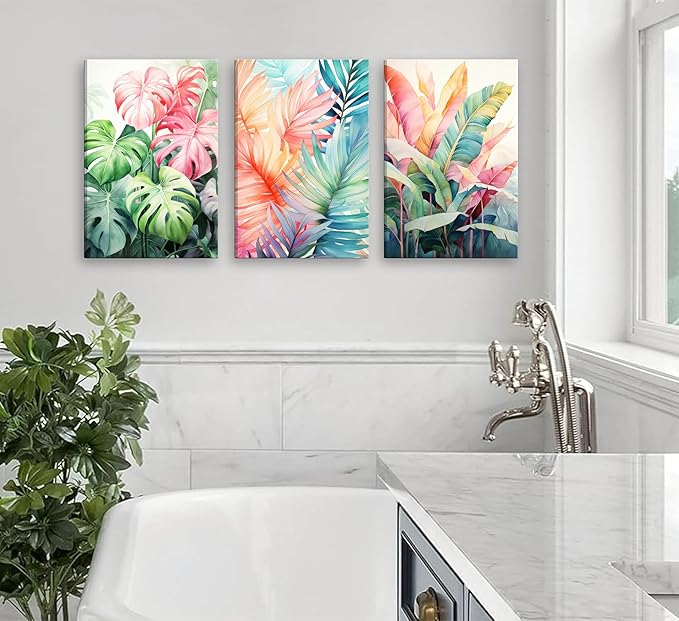 3pcs Framed Tropical Botanical Canvas Wall Art Monstera Leaves Posters Botanical Prints Bohemian style Wall Decor Pictures Palm Leaves Paintings for Bathroom living room Decoration-CasaMuseHome