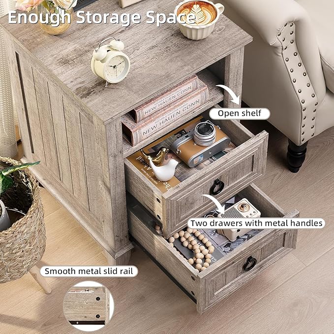 18" Farmhouse Night Stands Set of 2 with Charging Station, 2 & 3 Drawers End Table Dresser for Bedroom, Oak Wooden Nightstand, Bed Side Table with Open Shelf, Bedside Cabinet for Living Room-CasaMuseHome