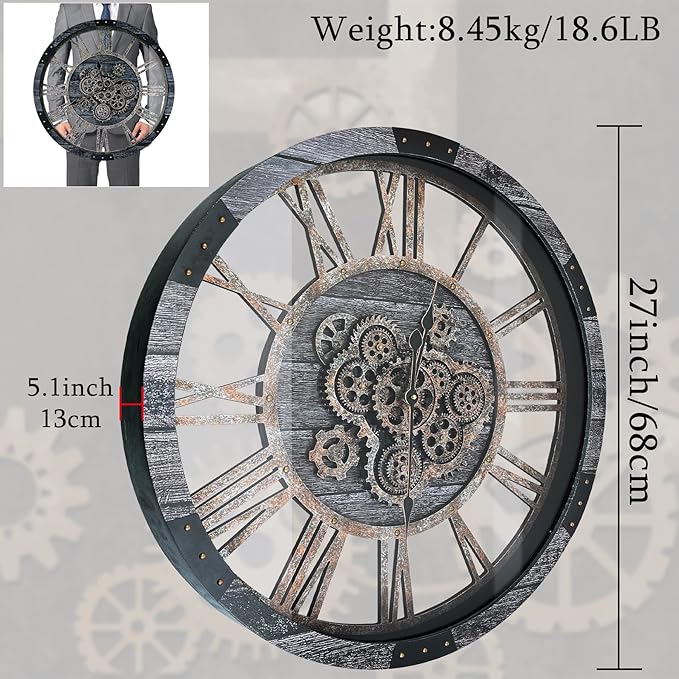 27 Inch Moving Gear Wall Clock, Oversized Wall Clocks, Clock Living Room Decor, Solid Wood Frame, Battery Operated, Large Wall Clock with Steampunk Industrial for Fireplace(Gray)-CasaMuseHome