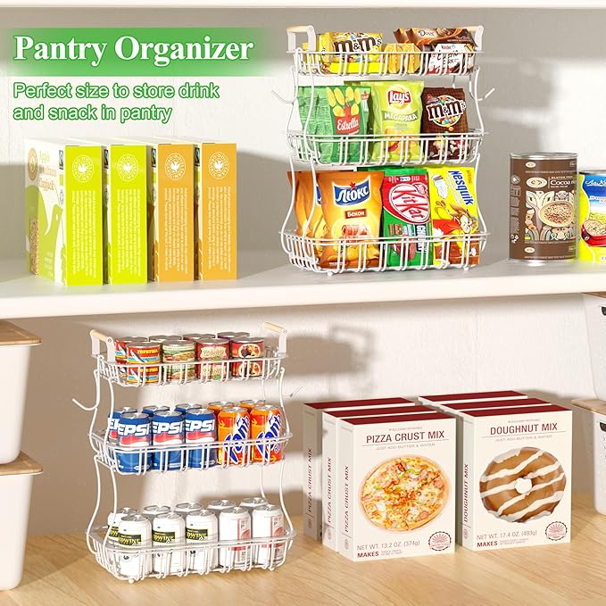 3 Tier Fruit Basket with 2 Banana Hooks, Large Capacity Multifunctional Detachable Sturdy Fruit Bowl with Wooden Handle Mesh Top for Kitchen Counter, for Bread Snacks Vegetables Produce, White-CasaMuseHome