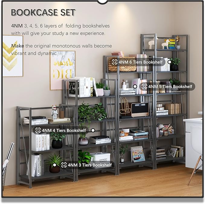 4NM No Assembly Foldable Bookshelf, 6-Shelf Collapsible Bookcase Storage for Small Spaces, 74" H, All Black-CasaMuseHome