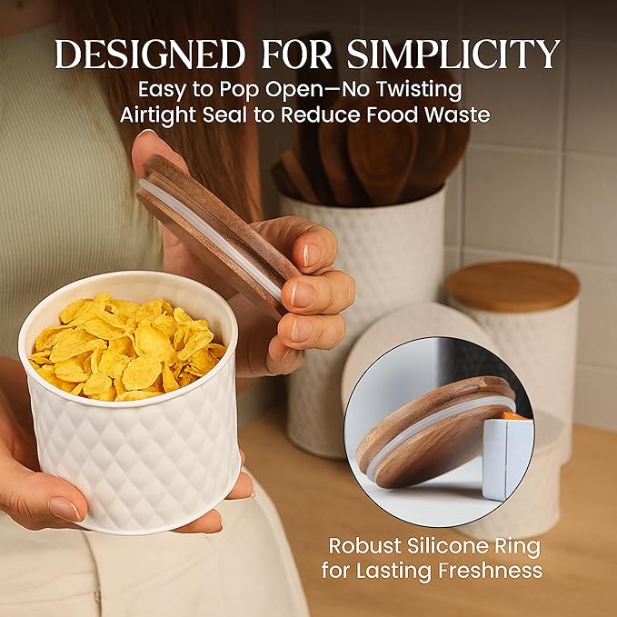 6 Canister Set for the Kitchen Countertop – Metal Food Storage Canisters with Airtight Lids for Flour, Tea, Crafts, Coffee, & Sugar – Container Set with Modern Wood Lids, White-CasaMuseHome