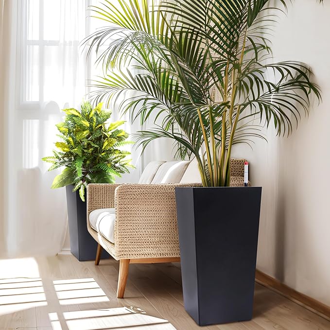 22.5" Tall Planters Set of 2, Outdoor＆Indoor Black Planter Pots, High Front Porch Planter Pots with Drainage Holes＆Water Level Monitor＆Inner Bucket, Automatic Watering, Black-CasaMuseHome