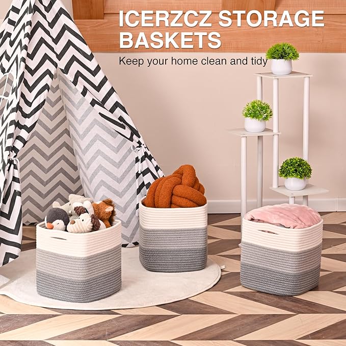 11 Inch Cube Storage Bins, Storage Cube Organizer Bins, Woven Cotton Rope Basket for Storage, Storage Baskets for Organizing Shelves, Grey Baskets for Toys, Gradient Grey (Pack of 3)-CasaMuseHome