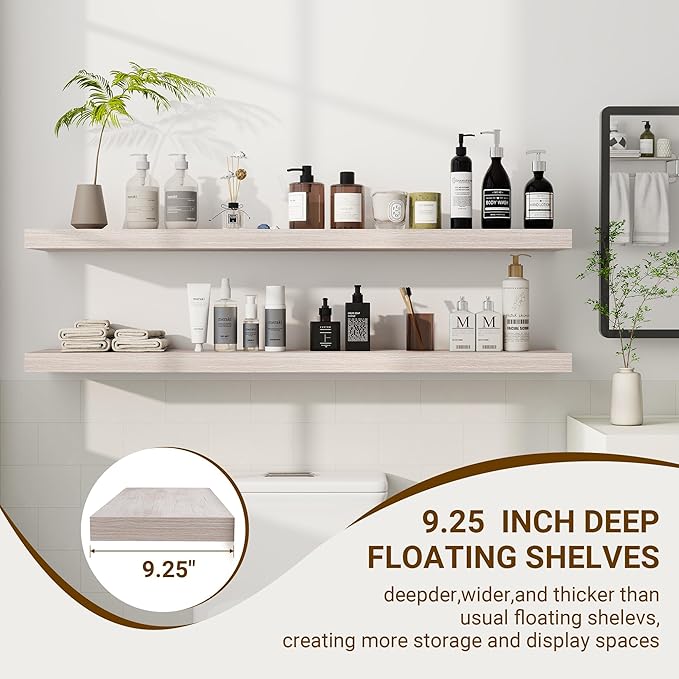 48 Inch Floating Shelves, 3D Textured Wood Grain, 48"x9.25"x1.5" Inch Deep Floating Shelves for Wall, Wooden Shelves for Bathroom, Bedroom, Living Room, Washed White-CasaMuseHome