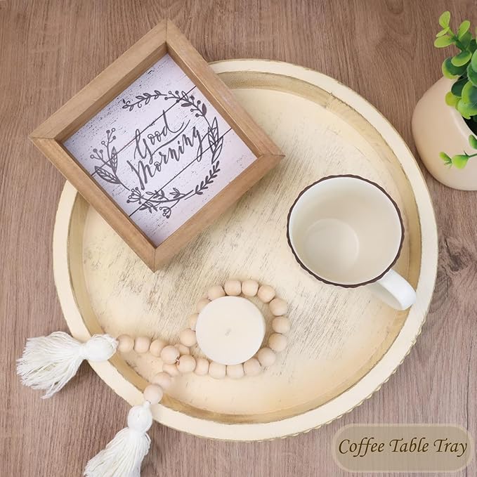 Round Wood Serving Tray with Beads, Yellow Washed Wooden Decorative Tray for Entertaining, Decoration, and Gifting-CasaMuseHome