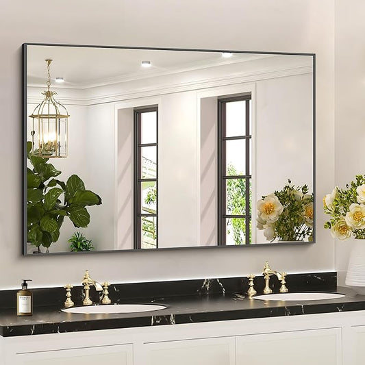36x50inch Bathroom Mirror, Black Rectangle Mirrors with Thin Metal Frame, Large Rectangular Wall Mirror for Bathroom, Living Roomm, Hair Salon, Big Farmehouse Mirror Hang Horizontal/Vertical-CasaMuseHome