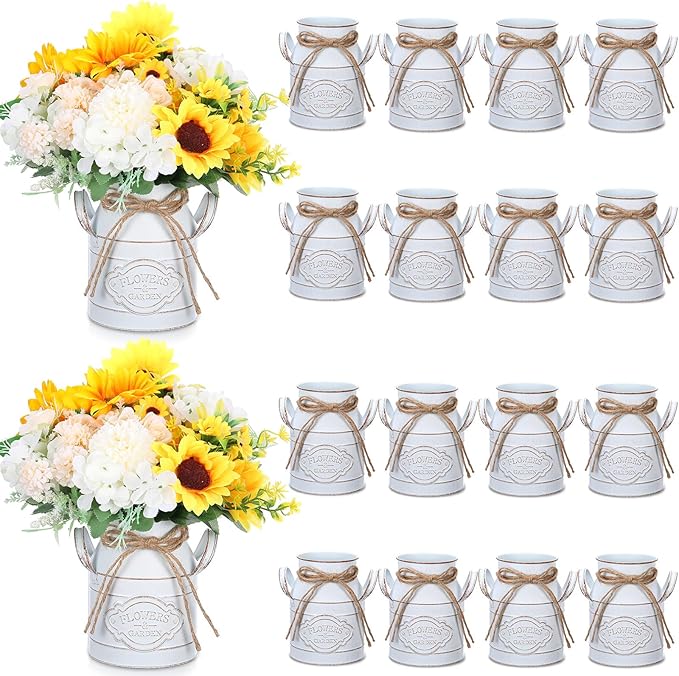 6 Inch Farmhouse Vase Decor Milk Can Vintage Flower Jug Galvanized Metal Vase with Handle Rustic Flower Buckets for Thanksgiving Christmas Table Centerpiece Weddings Gifts(Retro White,16 Pcs)-CasaMuseHome