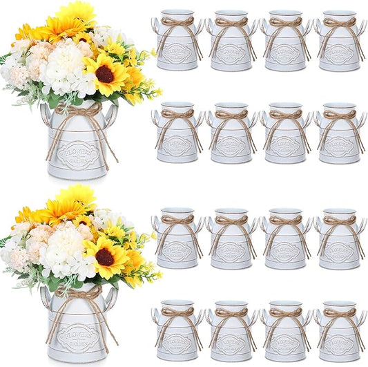6 Inch Farmhouse Vase Decor Milk Can Vintage Flower Jug Galvanized Metal Vase with Handle Rustic Flower Buckets for Thanksgiving Christmas Table Centerpiece Weddings Gifts(Retro White,16 Pcs)-CasaMuseHome