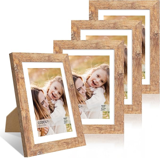 5x7 Picture Frame Set of 4, 5 x 7 Wood Photo Frames with Mat for 4x6, Natural Wooden Frame with Real Glass Cover for Wall and Tabletop Display,Brown-CasaMuseHome