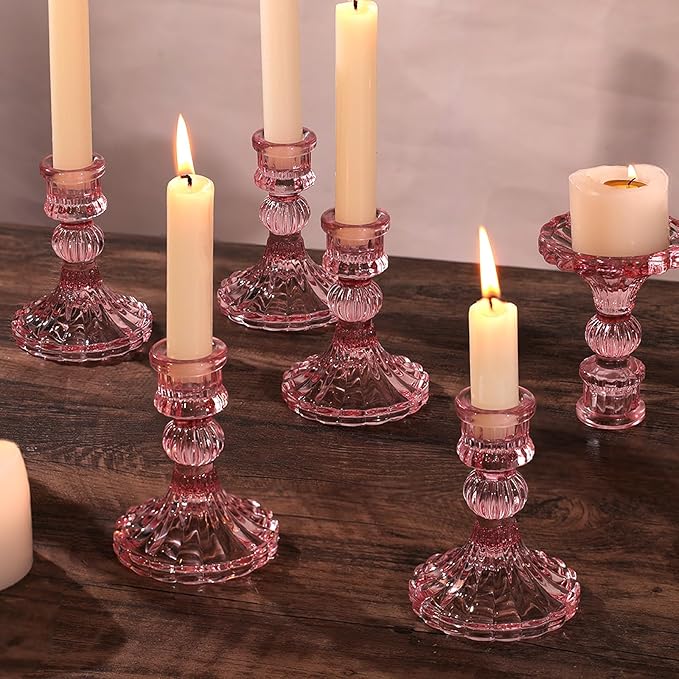 12PCS Pink Candlestick Holders Set- 4" H Taper Candle Holders, Glass Candle Holders Bulk for Wedding, Party, Home Table Centerpieces, Festival Gifts & Windowsill Decor-CasaMuseHome
