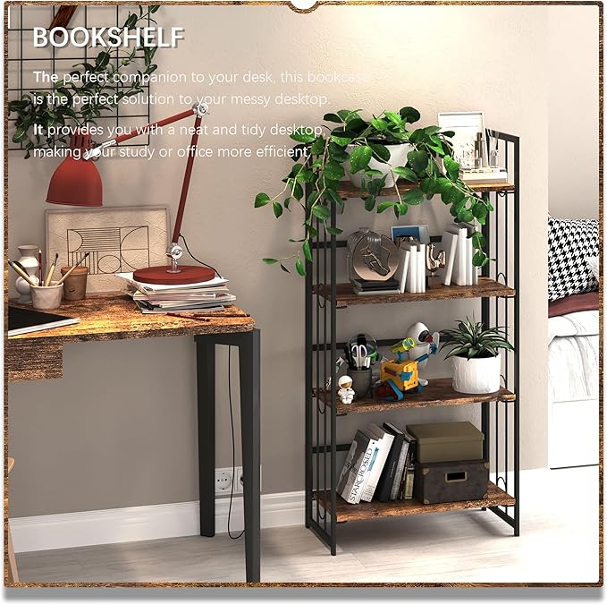 4NM No Assembly 4 Tiers Folding Bookshelf, 47.2" H Foldable Storage Shelves Vintage Bookcase Standing Racks Study Organizer Home Office - Rustic Brown Black-CasaMuseHome