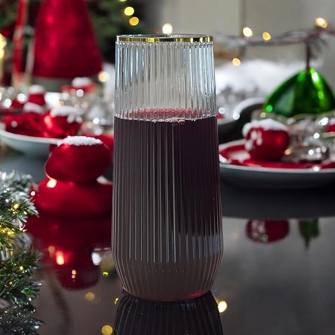 48 Pack Ribbed Ripple Stemless Toasting Glasses, Origami Durable 9 Oz BPA-Free Disposable Plastic Champagne Flutes for Weddings, Bars, Events, and Celebrations (Gold Rim)-CasaMuseHome