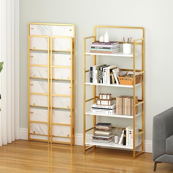 4NM No Assembly Foldable Bookshelf, 4-Shelf Collapsible Bookcase Storage for Small Spaces, 54" H, White and Golden-CasaMuseHome