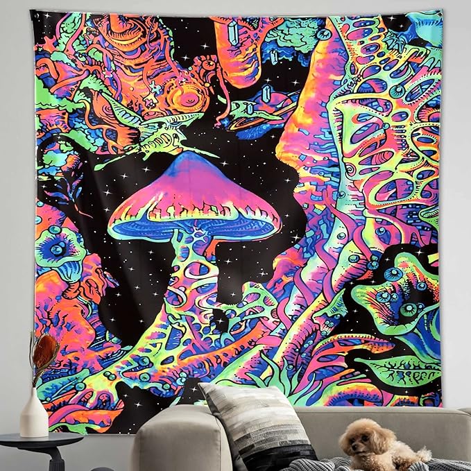 ADDWel Blacklight Mushroom Tapestry, Upright Tapestry Glow In The Dark, UV Reactive Black Light Tapestries Posters Wall Hanging for Bedroom Dorm Living Room Backdrop Decor (mushroom, 30" x 40")-CasaMuseHome