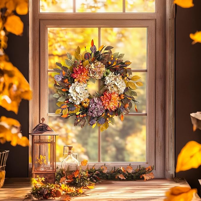 24Inch Fall Wreaths for Front Door,Fall Wreath with Beige Hydrangea,Orange Dahlia Artificial Flowers,Pumpkins,Autumn Wreaths for Harvest Thanksgiving Halloween Indoor Outdoor Home Decor-CasaMuseHome