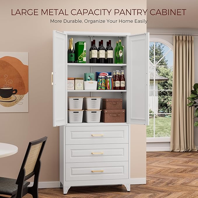 75" Kitchen Pantry Cabinet, Metal Storage Cabinets with Doors and Adjustable Shelves, White Tall Pantry Cabinet with 3 Drawers for Dinning Living Room-CasaMuseHome