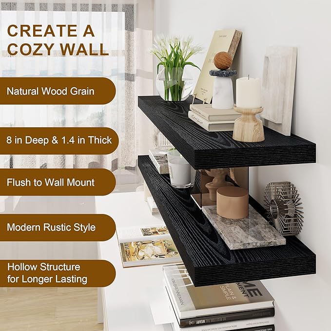 30 Inch Floating Shelves, Rustic Floating Wall Shelves 8 Inch Deep, 30 x 8 Floating Shelves for Home Decor, Deep Display & Storage Shelves for Kitchen, Bathroom, Living Room, Black Color, Set of 2-CasaMuseHome