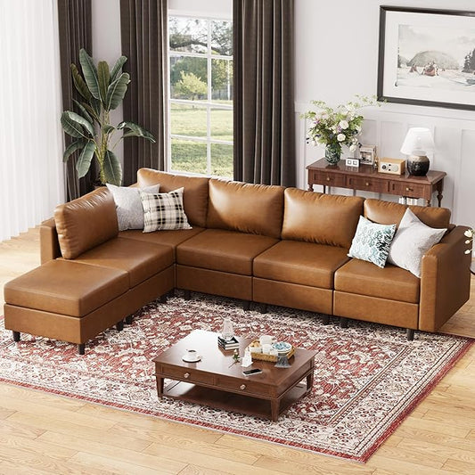 ABCASA 118.5" Faux Leather Modular Sectional Sofa, L Shaped Couch Set for Living Room, 6-Seater Comfy Cloud Couches with Movable Storage Ottoman Brown-CasaMuseHome