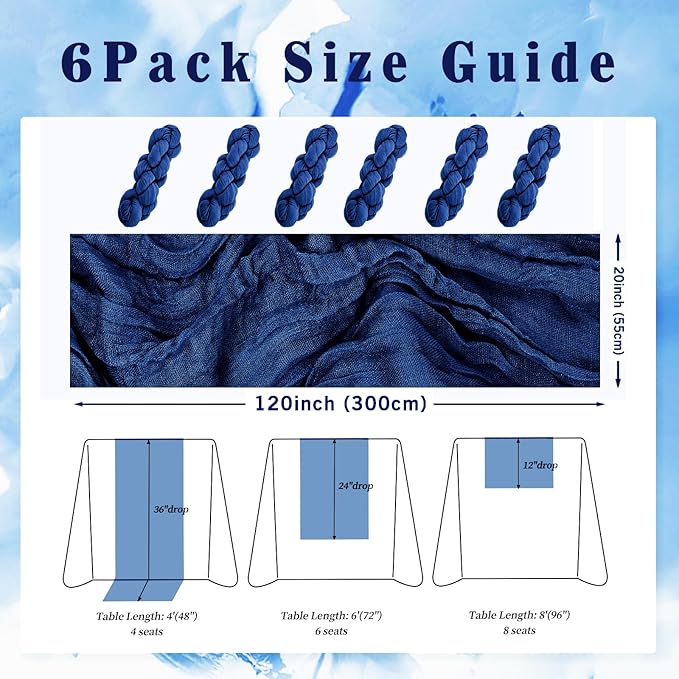 10FT 6 Pack Royal Blue Cheesecloth Table Runner 20 x 120 Inch Long Rustic Gauze Cheese Cloth Table Runner for Wedding Bridal Baby Shower Table Decorations Boho Fabric Sheer Birthday Party Table Decor-CasaMuseHome