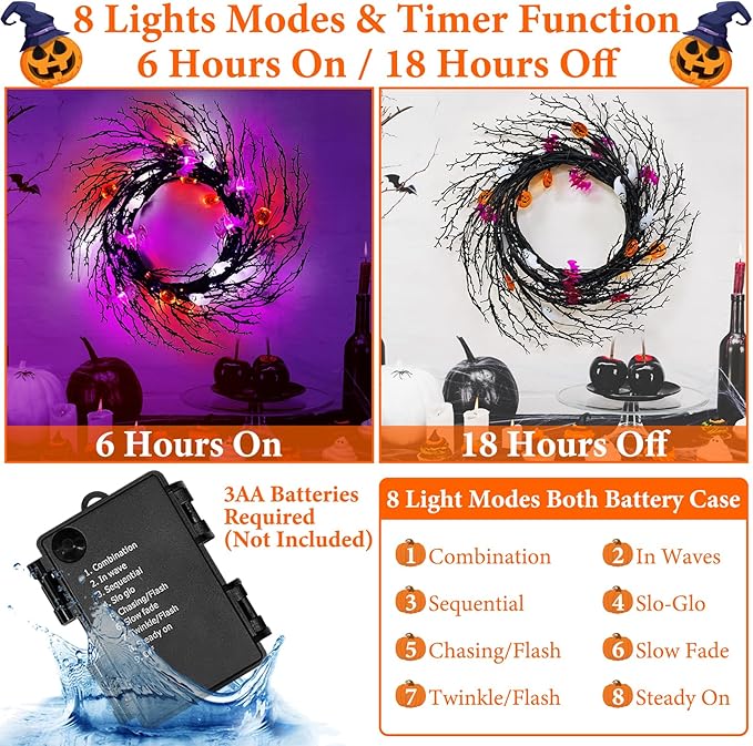 7 Ft 63 LED Halloween Willow Vine Twig Garland with 8 Modes Timer Orange Purple White Lights,7 Pumpkin Bat Ghost, Garland with Battery Operated for Wall Fireplace Halloween Decorations-CasaMuseHome