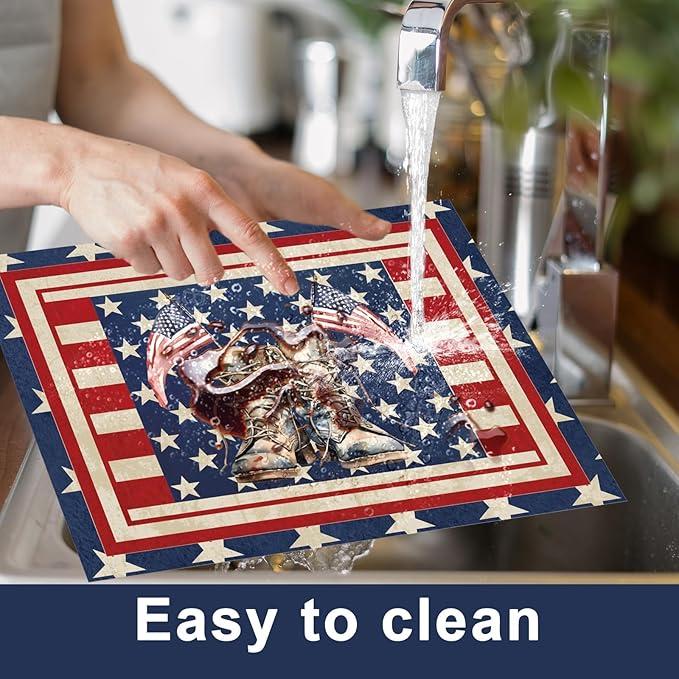 4th of July Placemats Set of 6 Patriotic Plastic Table Mats Independence Memorial Day Vintage America Flag Stars Stripe Place Mats Vinyl Table Decoration for Indoor Outdoor Party Kitchen Dining-CasaMuseHome