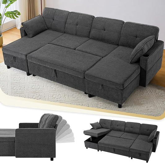 110 Inches Chenille Sectional Sofa w/Adjustable Back & Pull Out Sofa Bed, Tufted U Shaped Couch w/Two Storage Chaises, Sleeper Sectional Sofa w/USB Port & Cup Holders for Living Room, Grey-CasaMuseHome