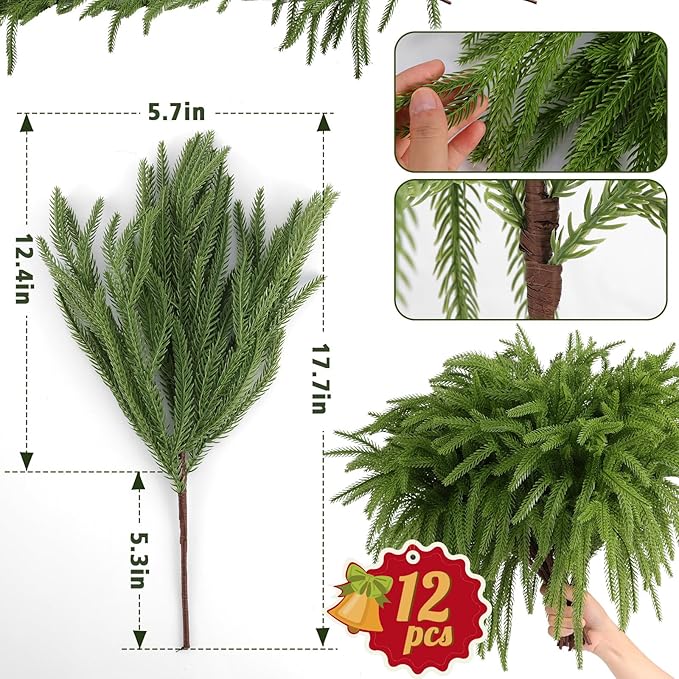 12 Pcs Artificial Norfolk Pine Branches, Norfolk Pine Artificial Pine Stems DIY Crafts Faux Christmas Greenary Norfolk Pine Branches for Xmas Wreath Garland Home Decor (12)-CasaMuseHome