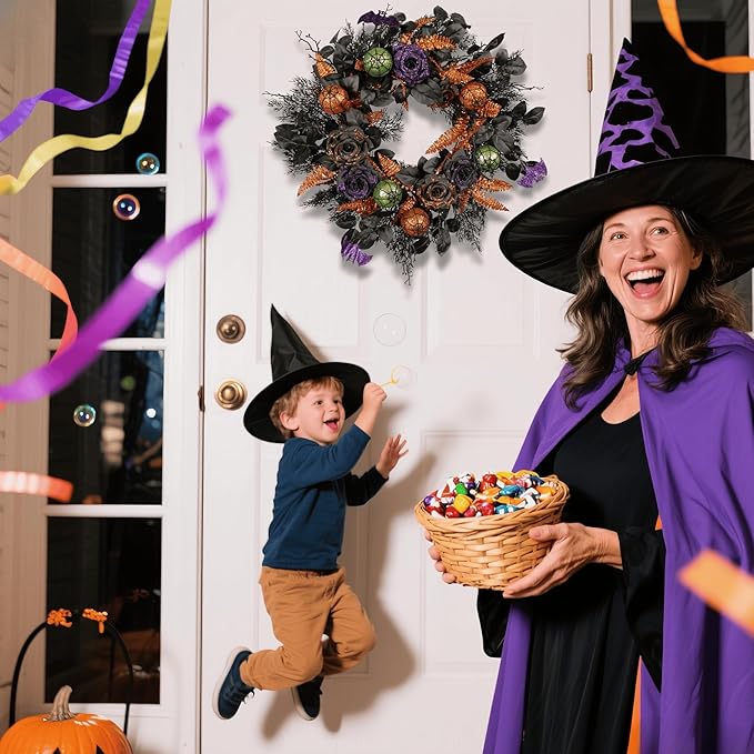 22 Inch Halloween Wreath for Front Door, Spooky Black & Purple Glitter Rose Wreath with Bats & Ornaments, Outdoor Halloween Decorations-CasaMuseHome