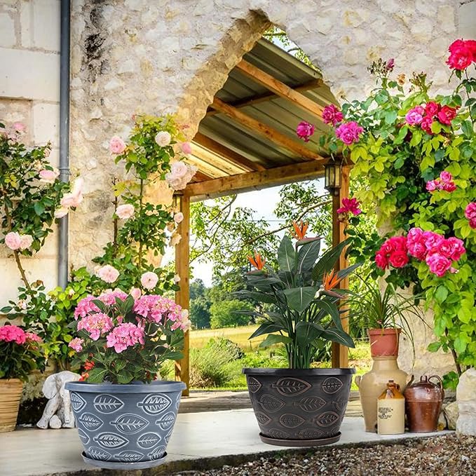 3 Pack Flower Pots Outdoor 11 Inch Plant Pots Indoor, Large-Plastic-Plant-Flower-Planters-Pots with Drainage Hole & Tray, Modern Decorative Garden Pot with Saucer(Brown)-CasaMuseHome