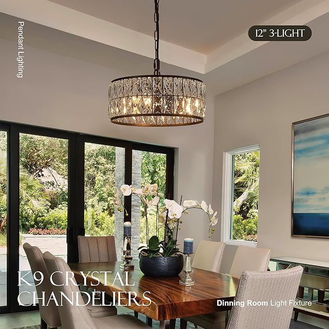 12” 3-Light Modern Crystal Chandeliers Black Dinning Room Light Fixture, Round Pendant Light Kitchen Island Chandelier, Flush Mount Ceiling Light for Living Room Entryway Bedroom Foyer-CasaMuseHome