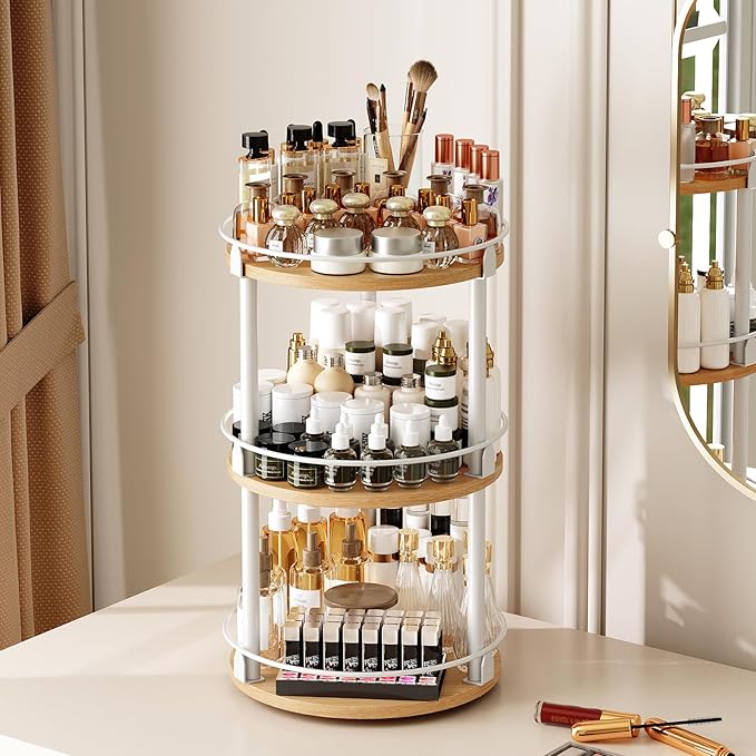 3-Tier Lazy Susan Organizer, Rotating Spice Rack, Spinning Organizer, Industrial Turntable Spice Rack Organizer for Cabinet, Kitchen Countertop, Pantry, White and Natural SR23WN-CasaMuseHome