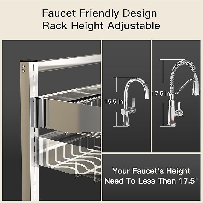 3 Tier Extra Large Stainless Steel Expandable Over The Sink Dish Drainer Drying Rack, Rust Proof Metal, Space Saving, Modern Silver Big Capacity Extendable Plate Strainers Above Kitchen Counter-CasaMuseHome