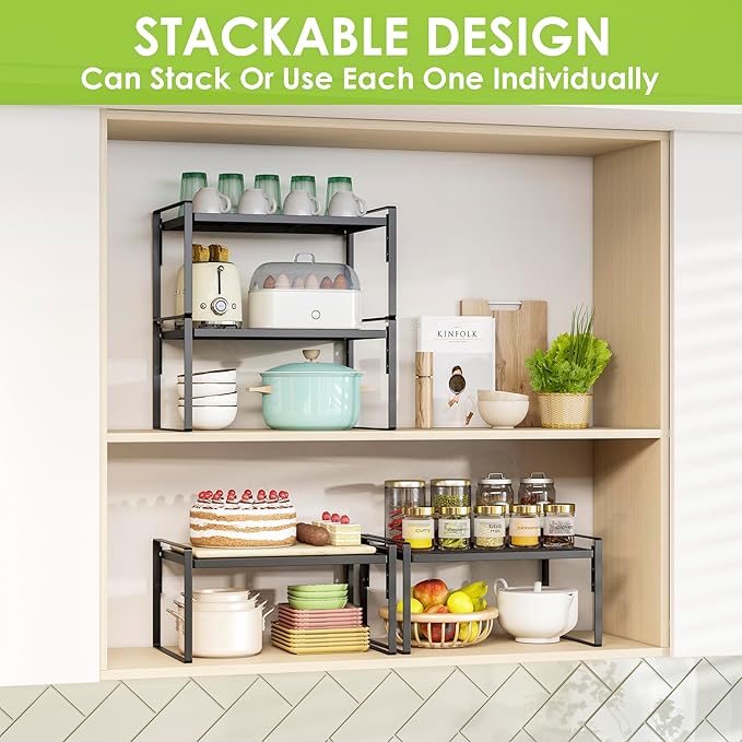 2 Pack Kitchen Countertop Organizer, Stackable Cabinet Shelf Organizer, 2 Tier Adjustable Kitchen Counter Shelves Riser For Pantry Cupboard Bathroom Organization And Storage, Desk Shelf,Spice Rack-CasaMuseHome