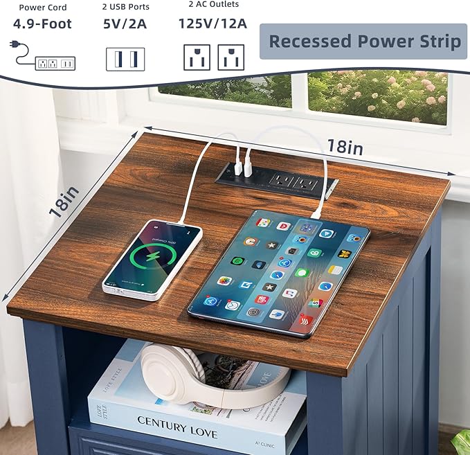 18" Farmhouse Night Stands Set of 2 with Charging Station, 2 Drawers End Table Dresser for Bedroom, Blue Wooden Nightstand, Bed Side Table with Open Shelf, Bedside Cabinet for Living Room-CasaMuseHome