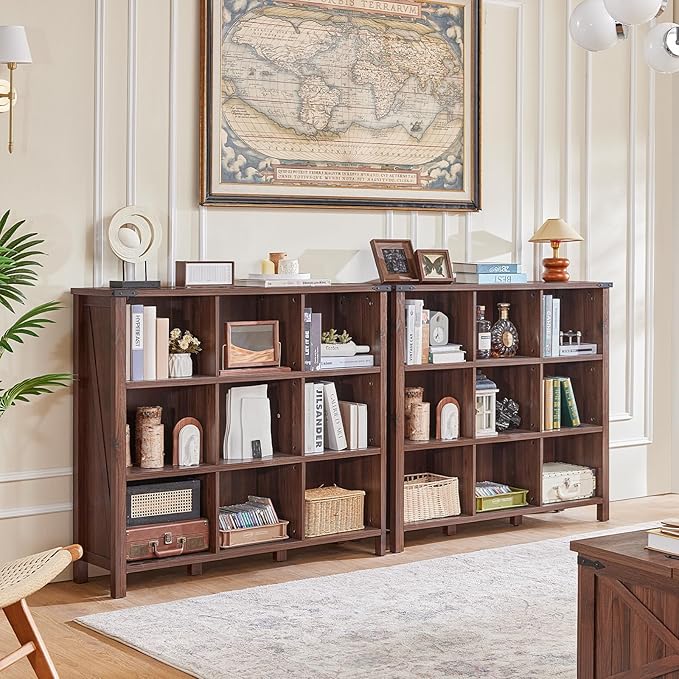 9 Cube Bookcase, Farmhouse 47 Inch Wide Brown Walnut Bookshelf, Wooden 3 Tier Display Large Open Book Shelf, Vintage Horizontal Book Case for Home Office, Cubby Storage Cabinet for Living Room-CasaMuseHome