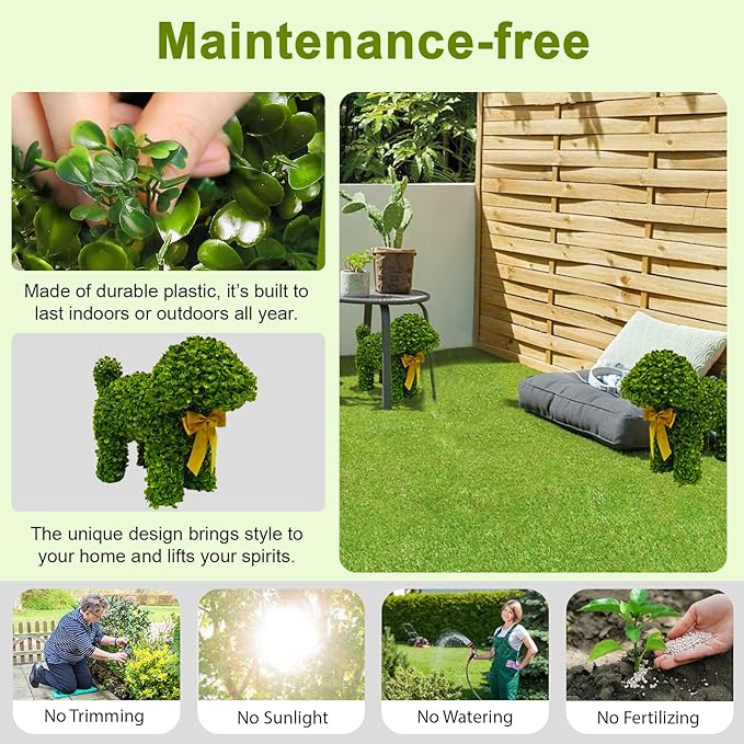 2 Pcs Artificial Bunny Shaped Topiary Trees, Artificial Green Boxwood Bunny Decorations with Gold Bow, Perfect for Indoor & Outdoor Front Porch, Easter& Garden Decor (Boxwood Dog Tree)-CasaMuseHome