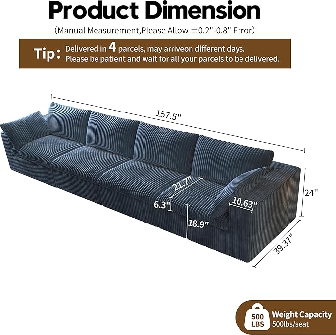 157.5" 4-Seater Cloud Sofa,Modular Sectional Couch,Modern Deep Seat Upholstered Couches with Plush Corduroy Fabric for Living Room Furniture,Bedroom and Apartment,No Assembly Required,Blue-CasaMuseHome