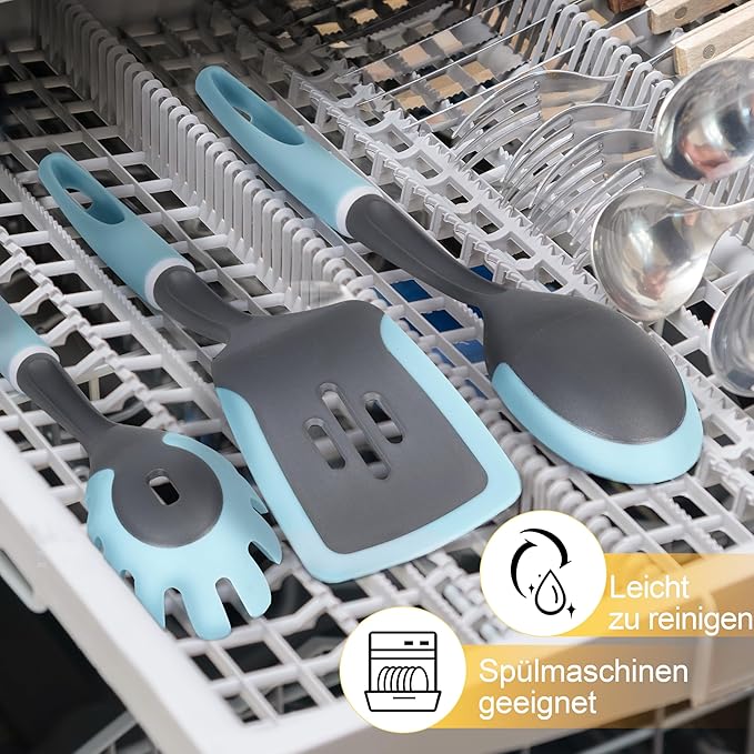 6-Piece Silicone Kitchen Utensil Set with Rotating Stand, Non-Stick, Heat-Resistant (400°F), Nylon Handle, Cooking Spatula Set for Baking & Cooking, Light Blue-CasaMuseHome