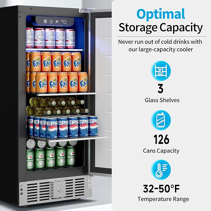 15 Inch Undercounter Beverage Refrigerator - 126 Cans Beverage Fridge with Stainless Steel Door for Beer Wine Soda - Built-in or Freestanding Wine Cooler for Home Kitchen Bar-CasaMuseHome