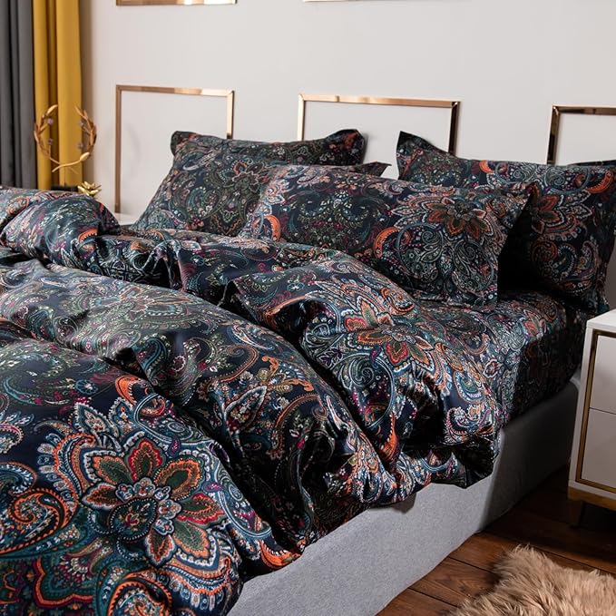ABREEZE Luxury Vintage Black Duvet Cover Sets Damask Paisley Bedding Set Retro 100% Brushed Cotton Zipper Closure Bedding Collection Full Size-CasaMuseHome