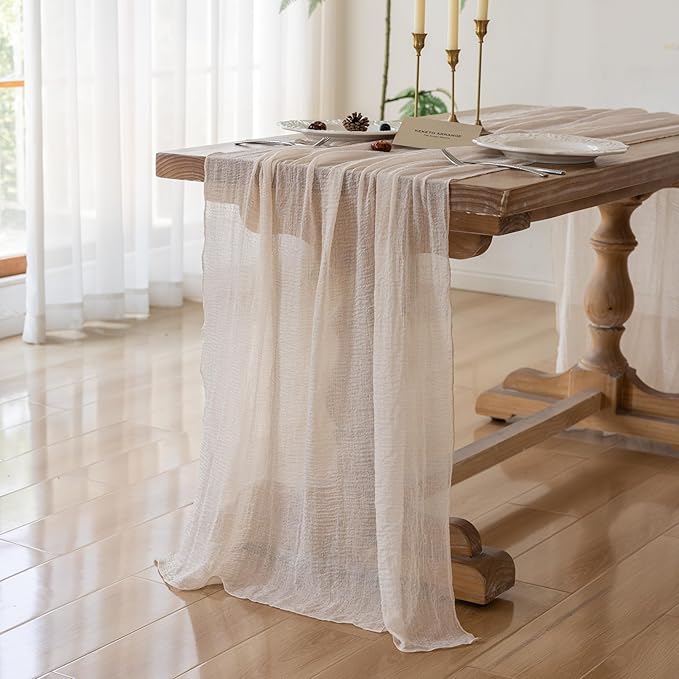 6Pcs Beige Gauze Rustic Cheesecloth Table Runner 120 Inch 10 FT for Wedding Baby Shower Bridal Shower Birthday Engagement Garden Outdoor Party Long Sheer Boho Decorations-CasaMuseHome