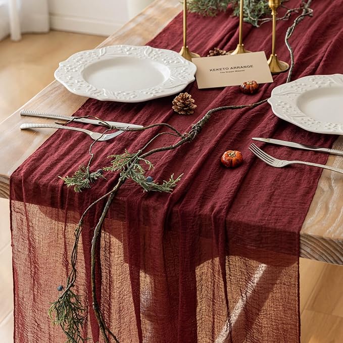 6pcs Burgundy Cheesecloth Table Runner Gauze 120 Inch 10 FT Rustic Boho Cheese Cloth Runner for Wedding Baby Shower Bridal Shower Engagement Birthday Party Long Sheer Home Decorations-CasaMuseHome