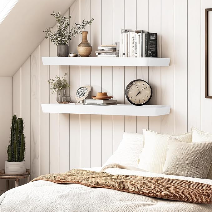 36"x6.8"x1.6" Slanted Floating Wall Shelves 2-Pack - Rustic White Finish, Heavy-Duty Solid Wood Design with Hidden Brackets - Perfect for Living Room, Kitchen, Bathroom, or Office-CasaMuseHome