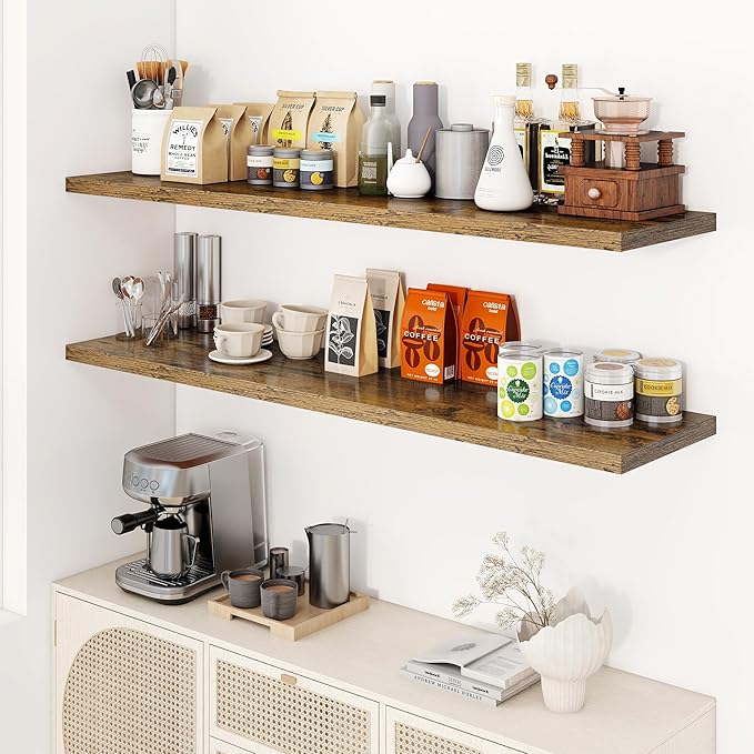 55" Floating Shelves for Wall, 12" Deep Slim Rustic Brown Floating Shelves, Wall-Mounted Shelves for Bedroom, Living Room, Kitchen, Bathroom - Set of 2-CasaMuseHome